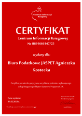 Certyfikat C.I.K. Biuro Podatkowe JASPET Agnieszka Kostecka