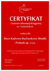 Certyfikat C.I.K. Biuro Kadrowo-Rachunkowe Składki i Podatki sp. z o.o.