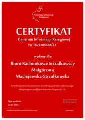 Certyfikat C.I.K. Biuro Rachunkowe Strzałkowscy Małgorzata Maciejewska-Strzałkowska
