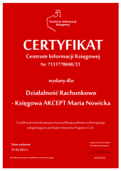 Certyfikat C.I.K. Działalność Rachunkowo - Księgowa AKCEPT Maria Nowicka