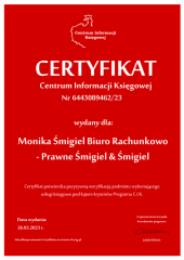 Certyfikat C.I.K. Monika Śmigiel Biuro Rachunkowo - Prawne Śmigiel & Śmigiel