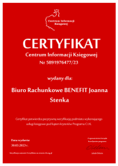 Certyfikat C.I.K. Biuro Rachunkowe BENEFIT Joanna Stenka