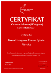 Certyfikat C.I.K. Firma Usługowa Pomoc Sylwia Piórska