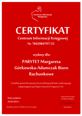 Certyfikat C.I.K. PARYTET Margareta Górkowska-Adamczak Biuro Rachunkowe