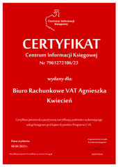 Certyfikat C.I.K. Biuro Rachunkowe VAT Agnieszka Kwiecień