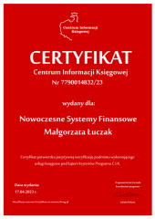 Certyfikat C.I.K. Nowoczesne Systemy Finansowe Małgorzata Łuczak