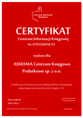 Certyfikat C.I.K. ASSIOMA Centrum Księgowo Podatkowe sp. z o.o.