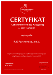 Certyfikat C.I.K. R.G Partners sp. z o.o.