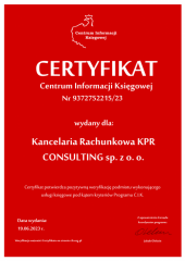Certyfikat C.I.K. Kancelaria Rachunkowa KPR CONSULTING sp. z o. o.