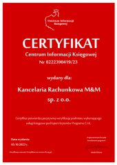 Certyfikat C.I.K. Kancelaria Rachunkowa M&M sp. z o.o.