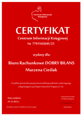 Certyfikat C.I.K. Biuro Rachunkowe DOBRY BILANS Marzena Cieślak