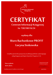 Certyfikat C.I.K. Biuro Rachunkowe PROFIT Lucyna Stokowska