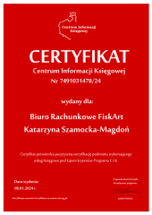 Certyfikat C.I.K. Biuro Rachunkowe FiskArt Katarzyna Szamocka-Magdoń