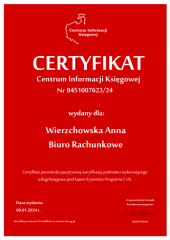 Certyfikat C.I.K. Wierzchowska Anna Biuro Rachunkowe