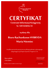 Certyfikat C.I.K. Biuro Rachunkowe HYBRYDA Maria Niemiec