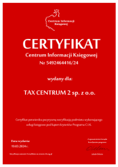 Certyfikat C.I.K. TAX CENTRUM 2 sp. z o.o.