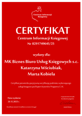 Certyfikat C.I.K. MK Biznes Biuro Usług Księgowych s.c. Katarzyna Wściubiak, Marta Kobiela