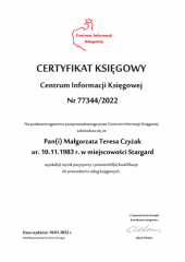 Certyfikat Księgowy C.I.K. - Małgorzata Teresa Czyżak