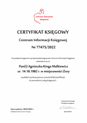 Certyfikat Księgowy C.I.K. - Agnieszka Kinga Malkiewicz