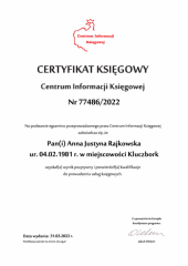 Certyfikat Księgowy C.I.K. - Anna Justyna Rajkowska
