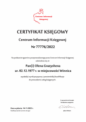 Certyfikat Księgowy C.I.K. - Olena Gnatyshena