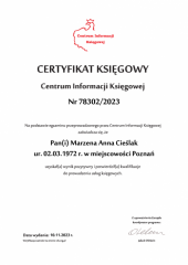 Certyfikat Księgowy C.I.K. - Marzena Anna Cieślak
