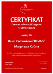 Biuro Rachunkowe BILANS Małgorzata Koćma Certyfikat CIK